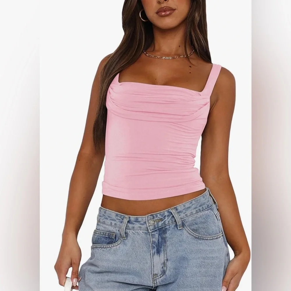 NWT Sleeveless Square Neck Strappy Tank Top Ruched Backless Crop Camisole Top